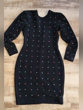 Long-Sleeve Black Bodycon Dress with Multicolor Studs
